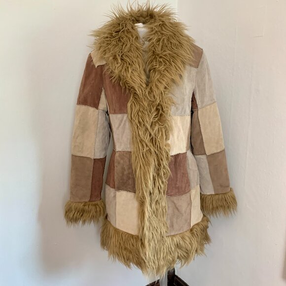 Esprit Rare VTG 90 2000 Y2K Leather Patchwork Penny Lane Coat Jacket Boho M Fur - Picture 1 of 13